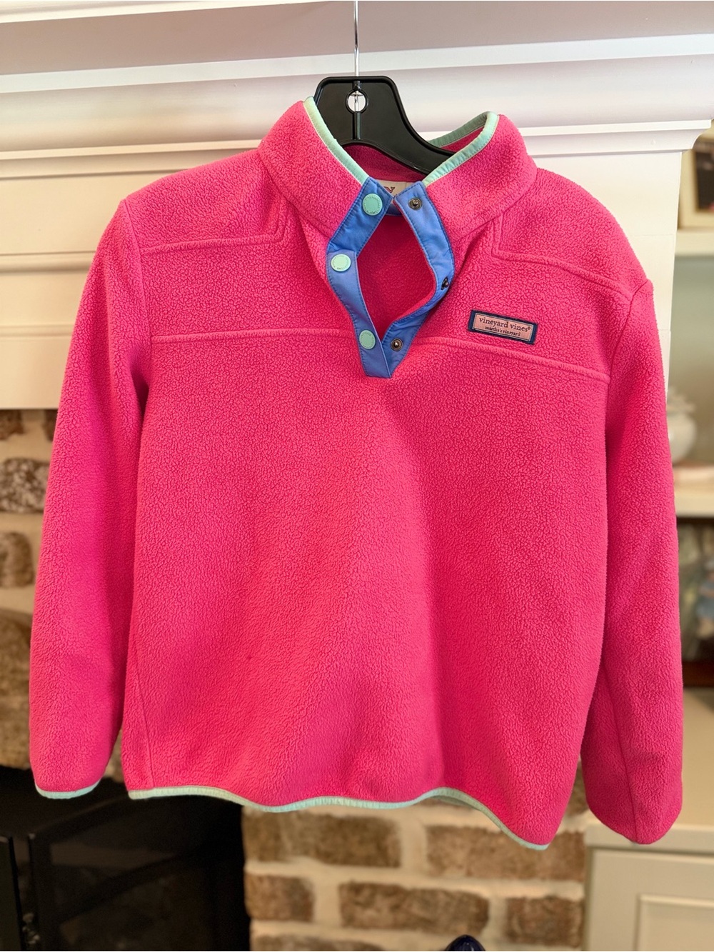 Vineyard Vines Hot Pink Fleece Pullover with Blue Snap Trim